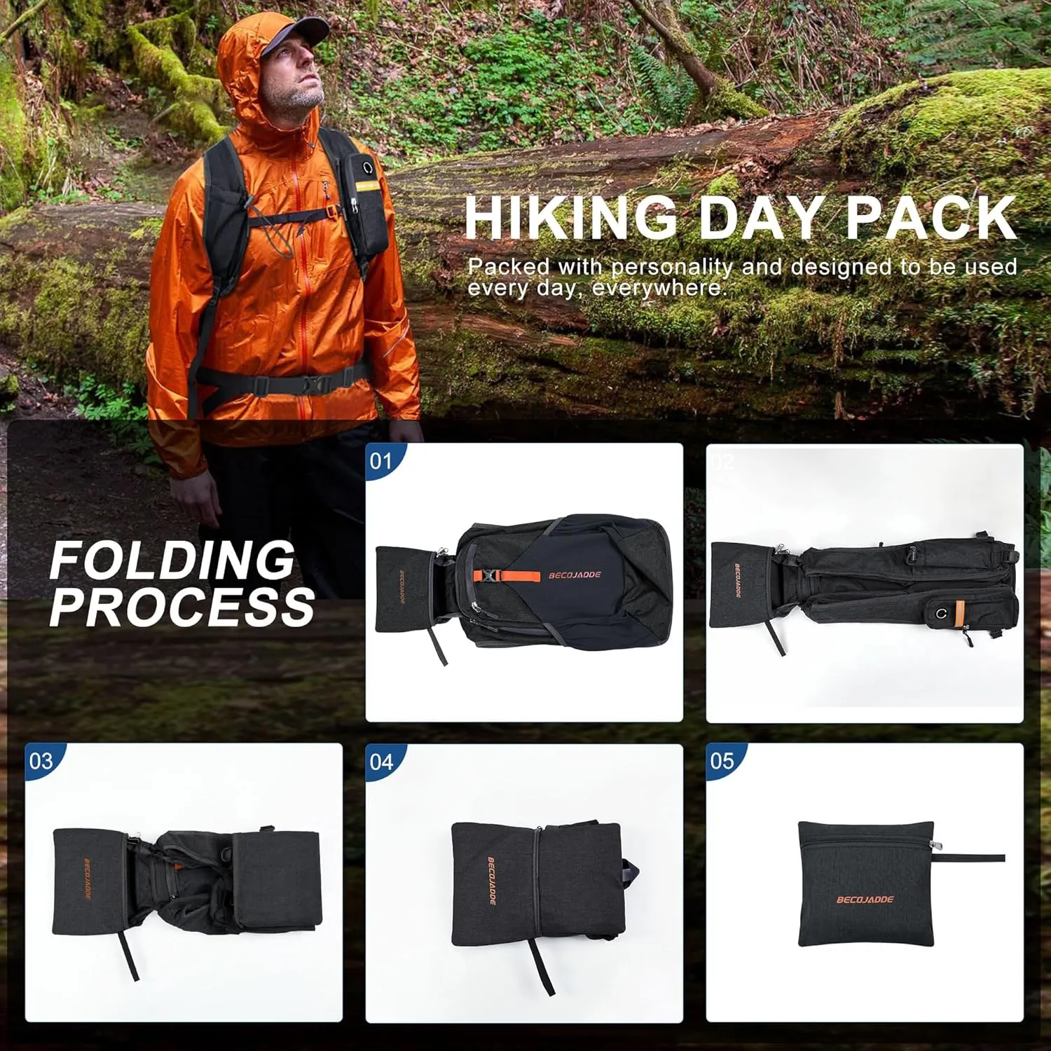 15L Small Hiking Backpack for Men Women Foldable Packable Back Pack Ultralight Hiking Daypack for Travel Camping Outdoor, Black