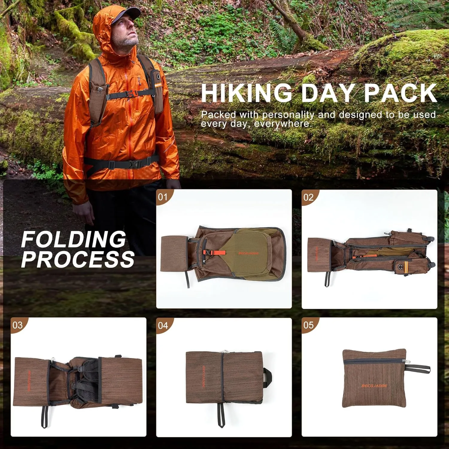 15L Small Hiking Backpack for Men Women Foldable Packable Back Pack Ultralight Hiking Daypack for Travel Camping Outdoor, Chocolate Brown