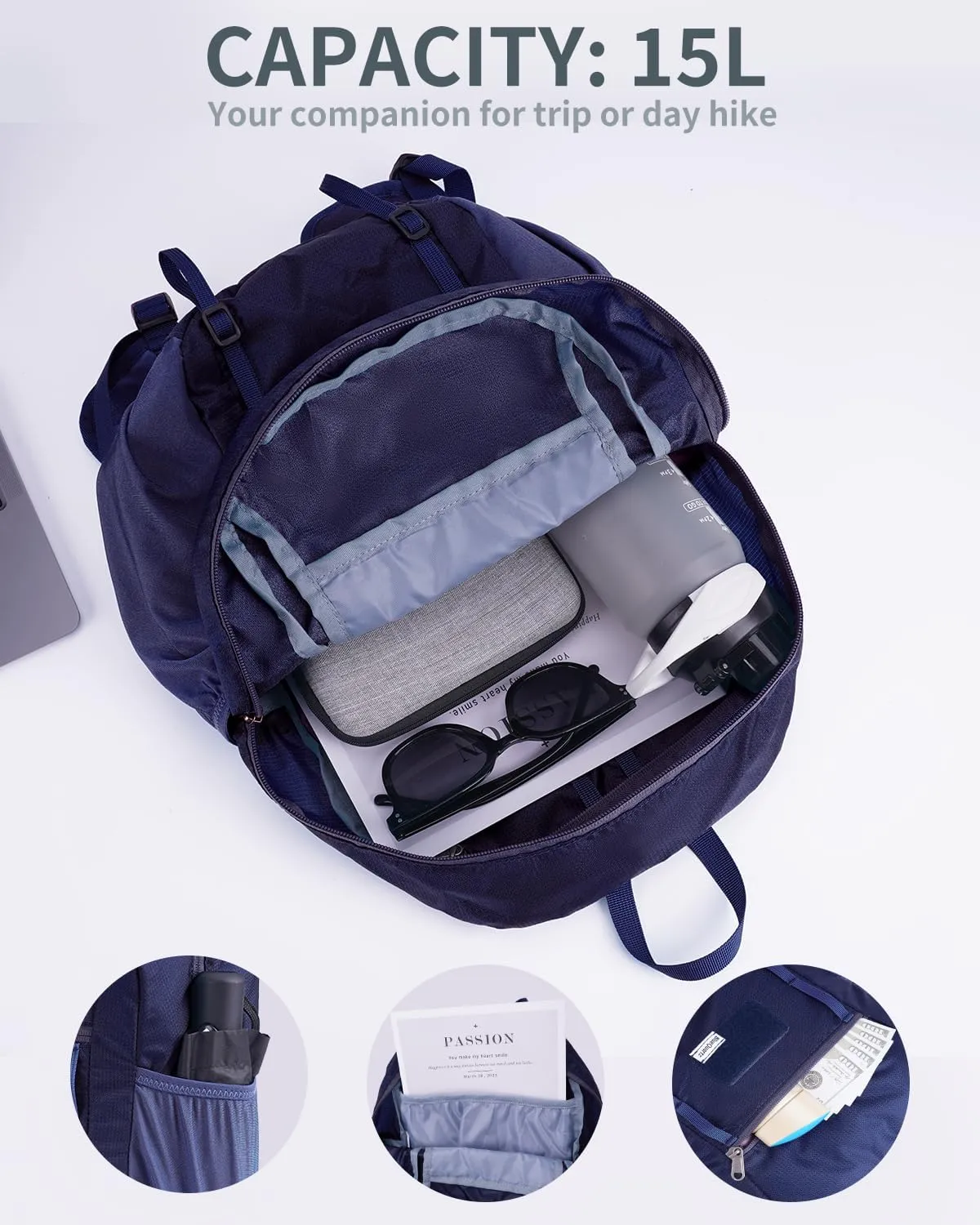15L Small Hiking Backpack with Chest Pockets for Phone, Ultralight Hiking Daypack with Sternum Straps, Lightweight Foldable Packable Back Pack for Women Men(patent pending)