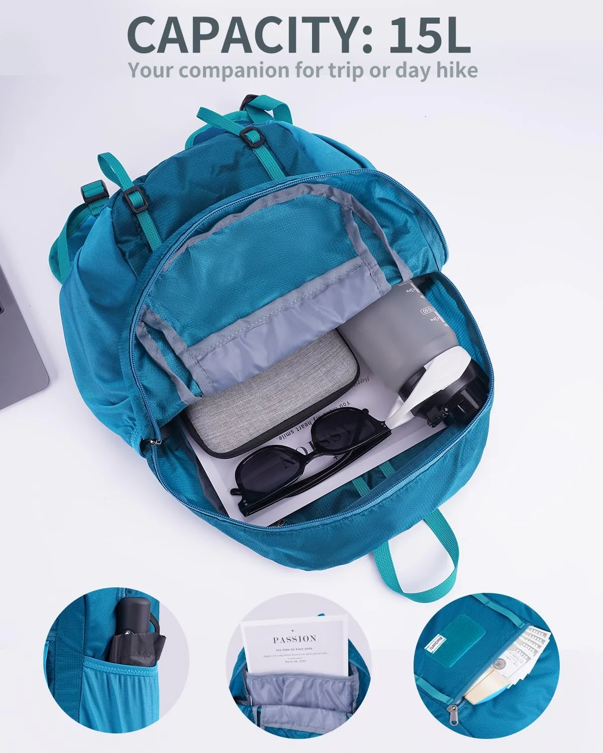 15L Small Hiking Backpack with Chest Pockets for Phone, Ultralight Hiking Daypack with Sternum Straps, Lightweight Foldable Packable Back Pack for Women Men(patent pending)