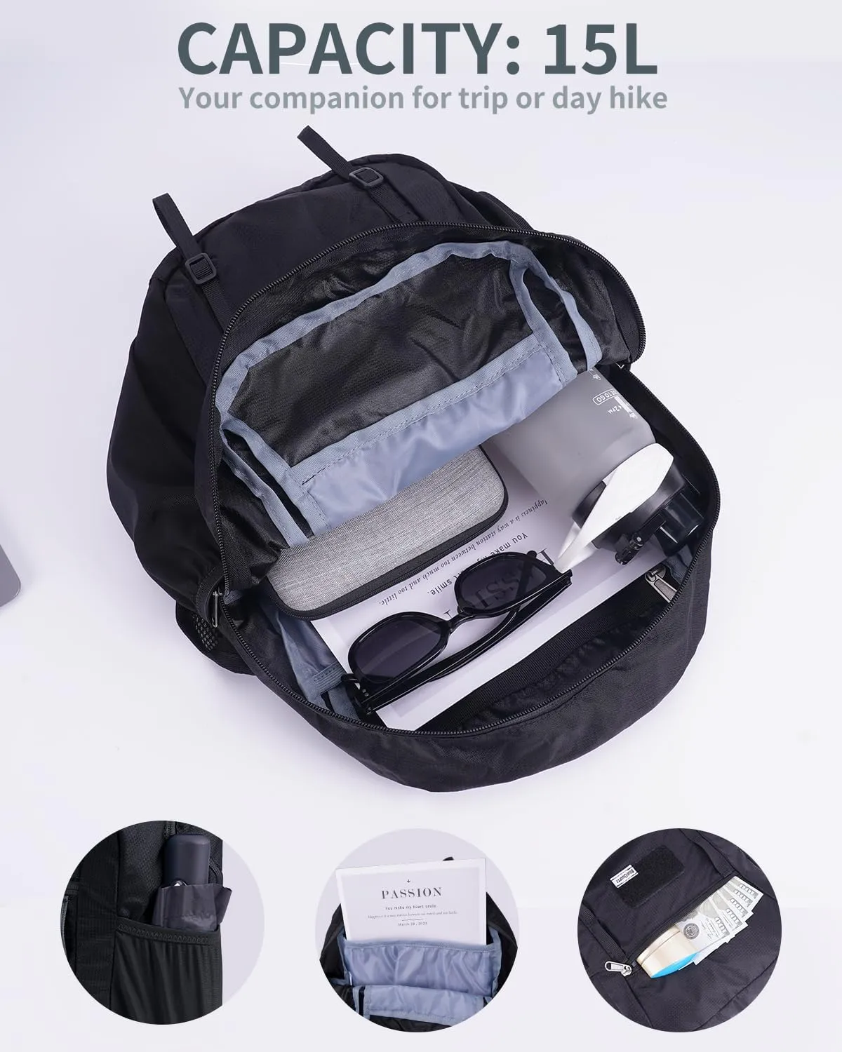 15L Small Hiking Backpack with Chest Pockets for Phone, Ultralight Hiking Daypack with Sternum Straps, Lightweight Foldable Packable Back Pack for Women Men(patent pending)
