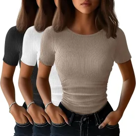 3 Pack Women's Slim Fit Shirts Short Sleeve Side Ruched Y2k Tops Boat Neck Ribbed Going Out Summer Tees