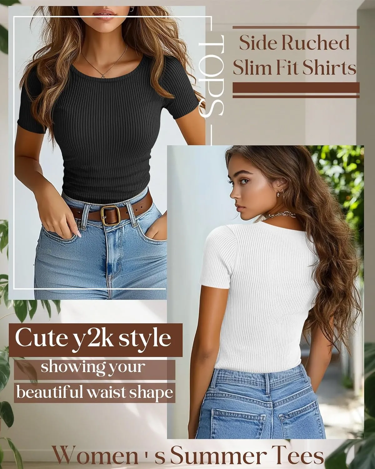 3 Pack Women's Slim Fit Shirts Short Sleeve Side Ruched Y2k Tops Boat Neck Ribbed Going Out Summer Tees