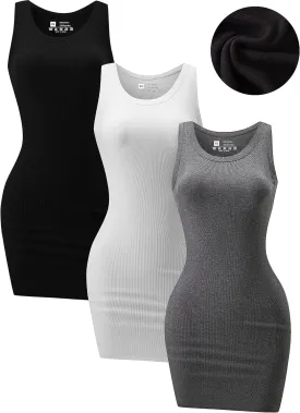 3 Piece Womens Summer Ribbed Tank Dress Scoop Neck Sleeveless Tank Top Dresses Basic Bodycon Mini Dress