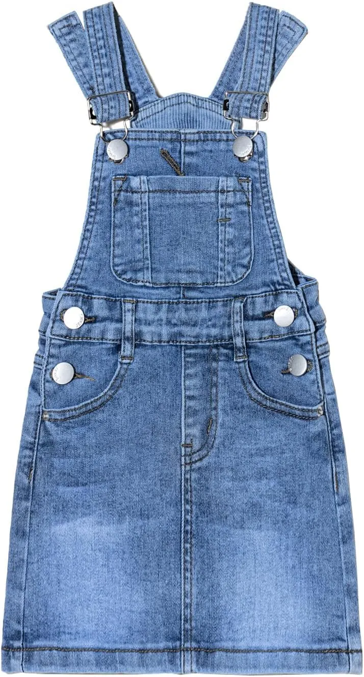 ABALACOCO Girls Casual Denim Overalls Stretch Material Dress Button Sleeveless Ajustable Strap Jean Fashion Wear 3-11T