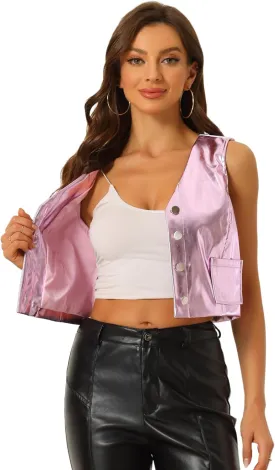 Allegra K Women's Crop Jacket Sleeveless Holographic Metallic Vest