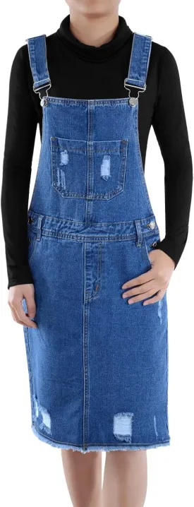 Anna-Kaci Junior Womens Distressed Denim Adjustable Strap Overall Dress