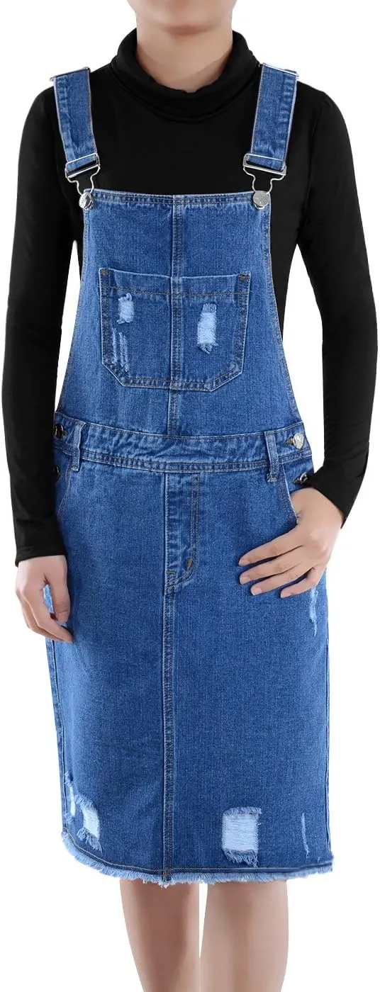 Anna-Kaci Junior Womens Distressed Denim Adjustable Strap Overall Dress