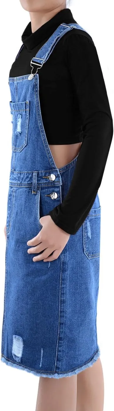 Anna-Kaci Junior Womens Distressed Denim Adjustable Strap Overall Dress