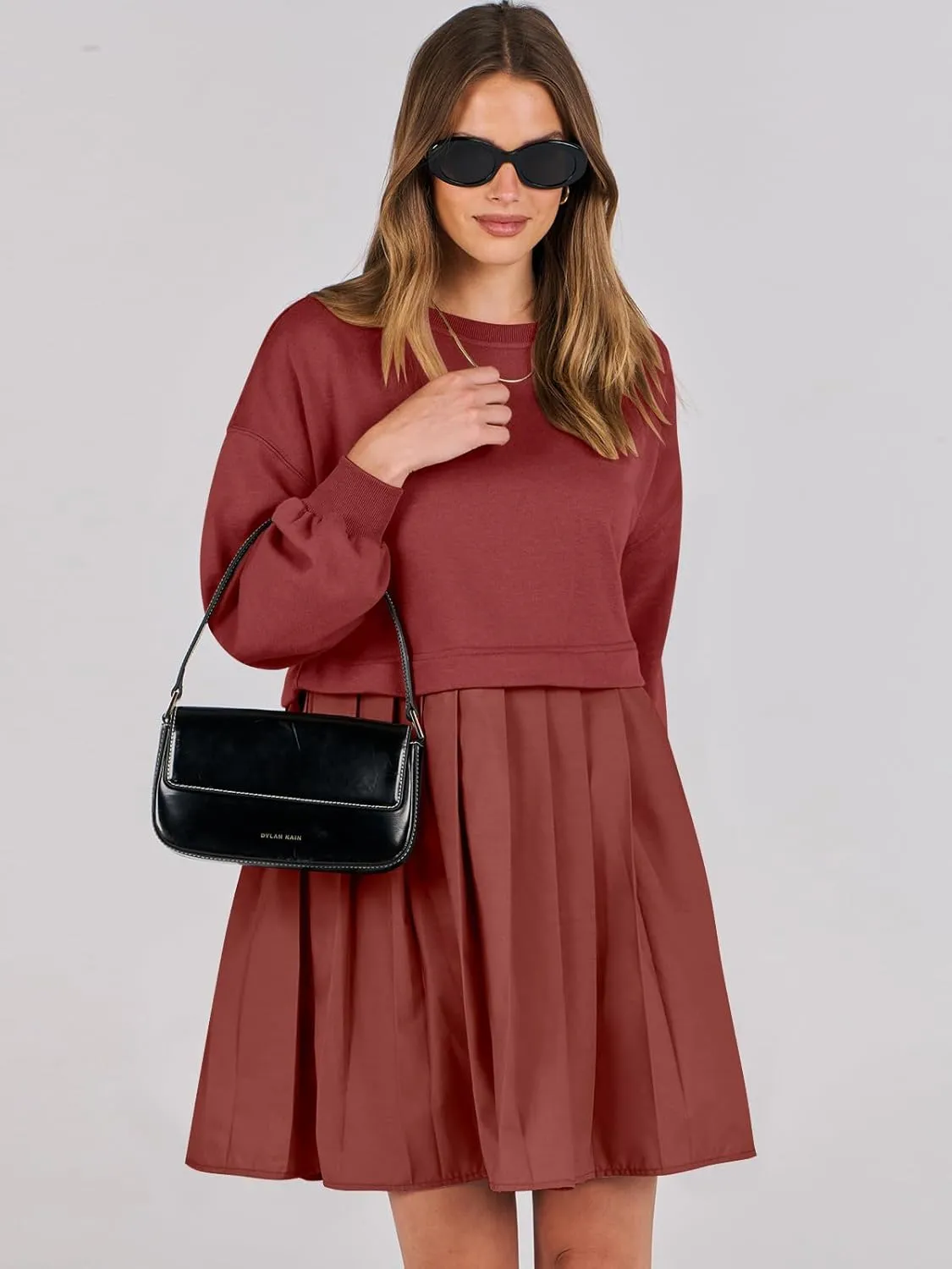 ANRABESS Women Sweatshirts Dress Oversized Long Sleeve Patchwork Casual Loose Pleated Pullover Mini Dress Fall Outfits 2025