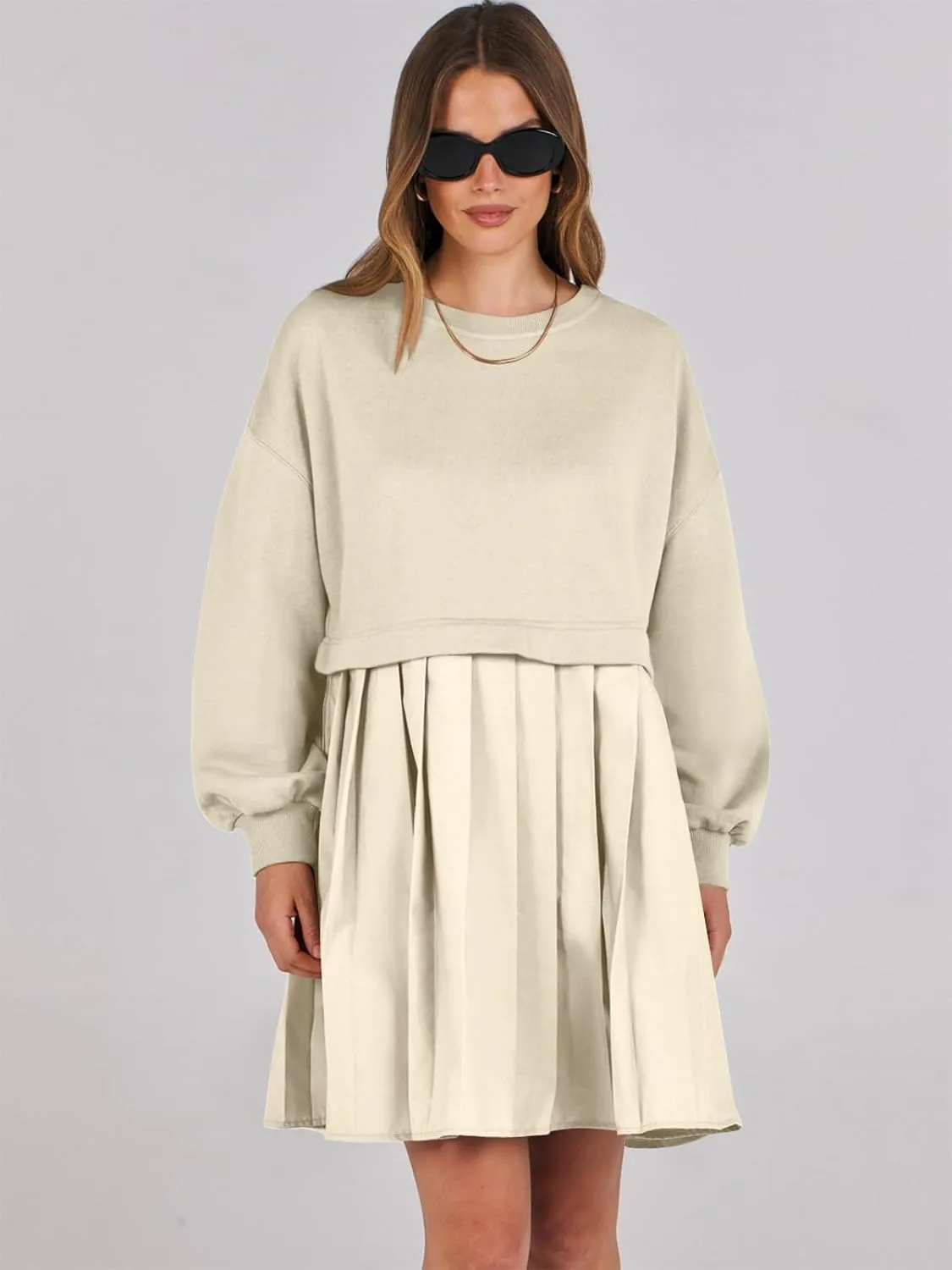 ANRABESS Women Sweatshirts Dress Oversized Long Sleeve Patchwork Casual Loose Pleated Pullover Mini Dress Fall Outfits 2025