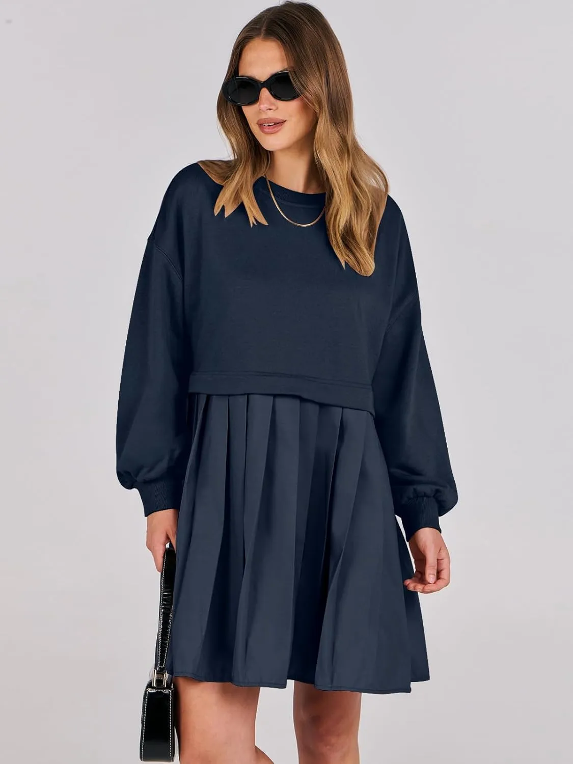 ANRABESS Women Sweatshirts Dress Oversized Long Sleeve Patchwork Casual Loose Pleated Pullover Mini Dress Fall Outfits 2025