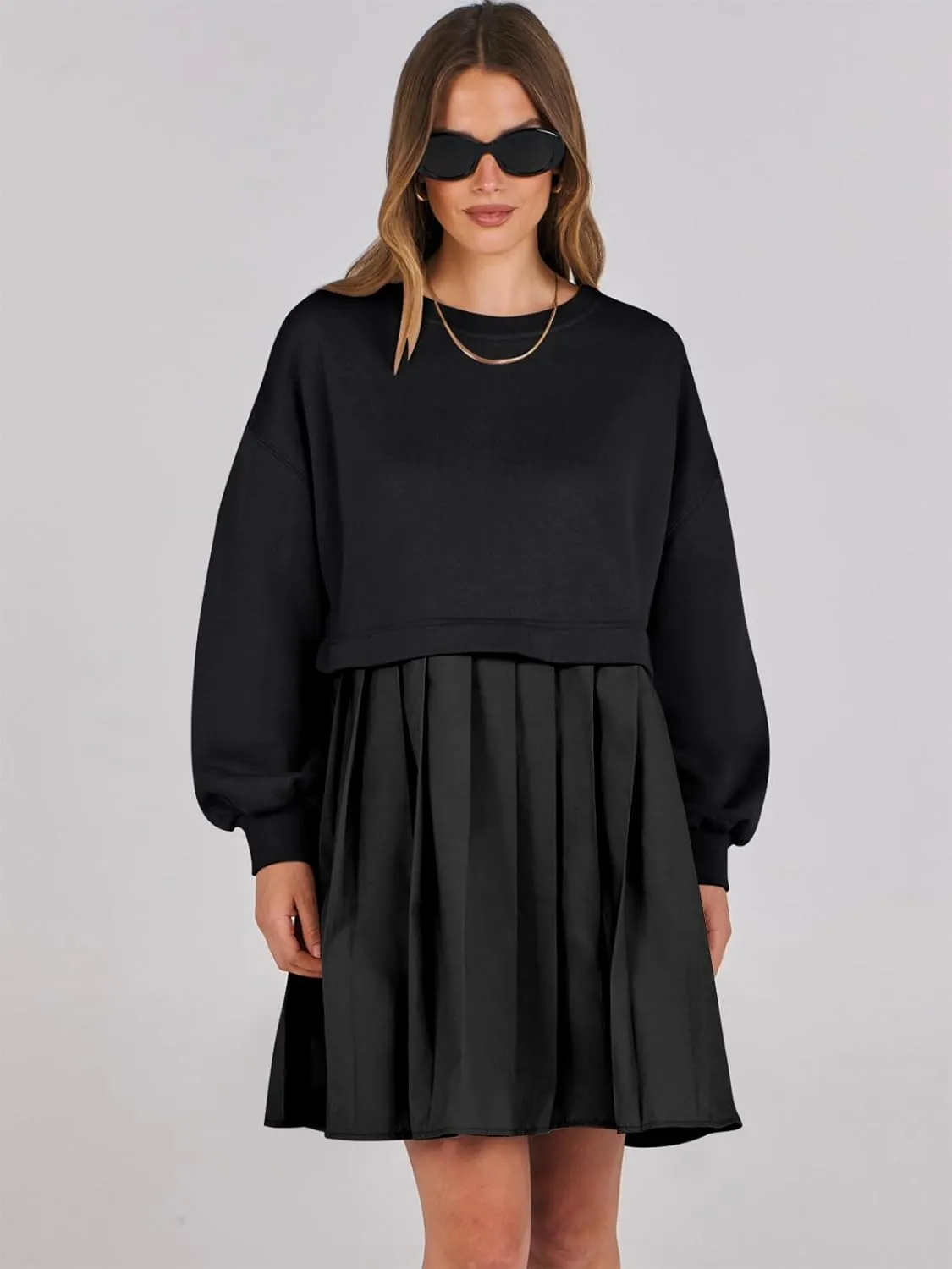 ANRABESS Women Sweatshirts Dress Oversized Long Sleeve Patchwork Casual Loose Pleated Pullover Mini Dress Fall Outfits 2025