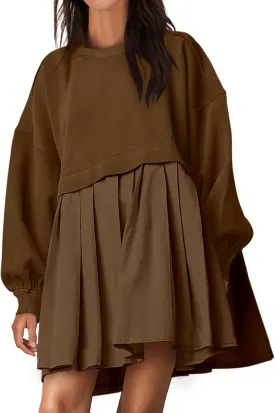 ANRABESS Women Sweatshirts Dress Oversized Long Sleeve Patchwork Casual Loose Pleated Pullover Mini Dress Fall Outfits 2025