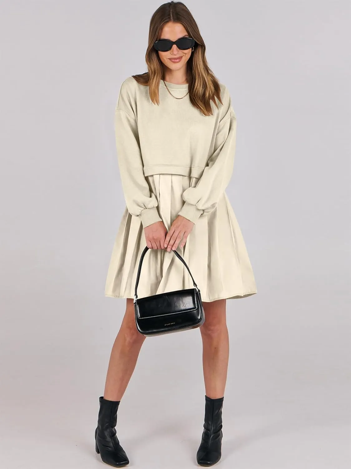 ANRABESS Women Sweatshirts Dress Oversized Long Sleeve Patchwork Casual Loose Pleated Pullover Mini Dress Fall Outfits 2025