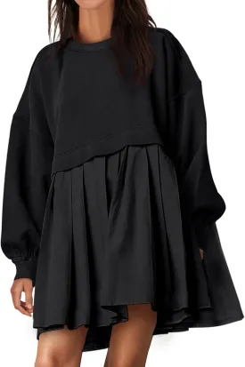 ANRABESS Women Sweatshirts Dress Oversized Long Sleeve Patchwork Casual Loose Pleated Pullover Mini Dress Fall Outfits 2025