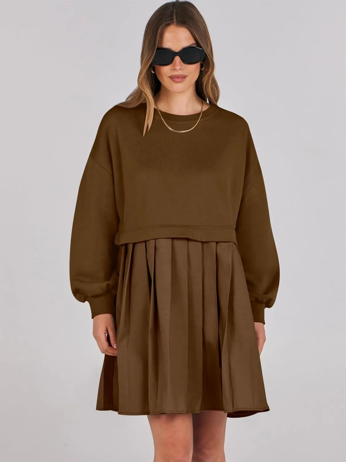 ANRABESS Women Sweatshirts Dress Oversized Long Sleeve Patchwork Casual Loose Pleated Pullover Mini Dress Fall Outfits 2025