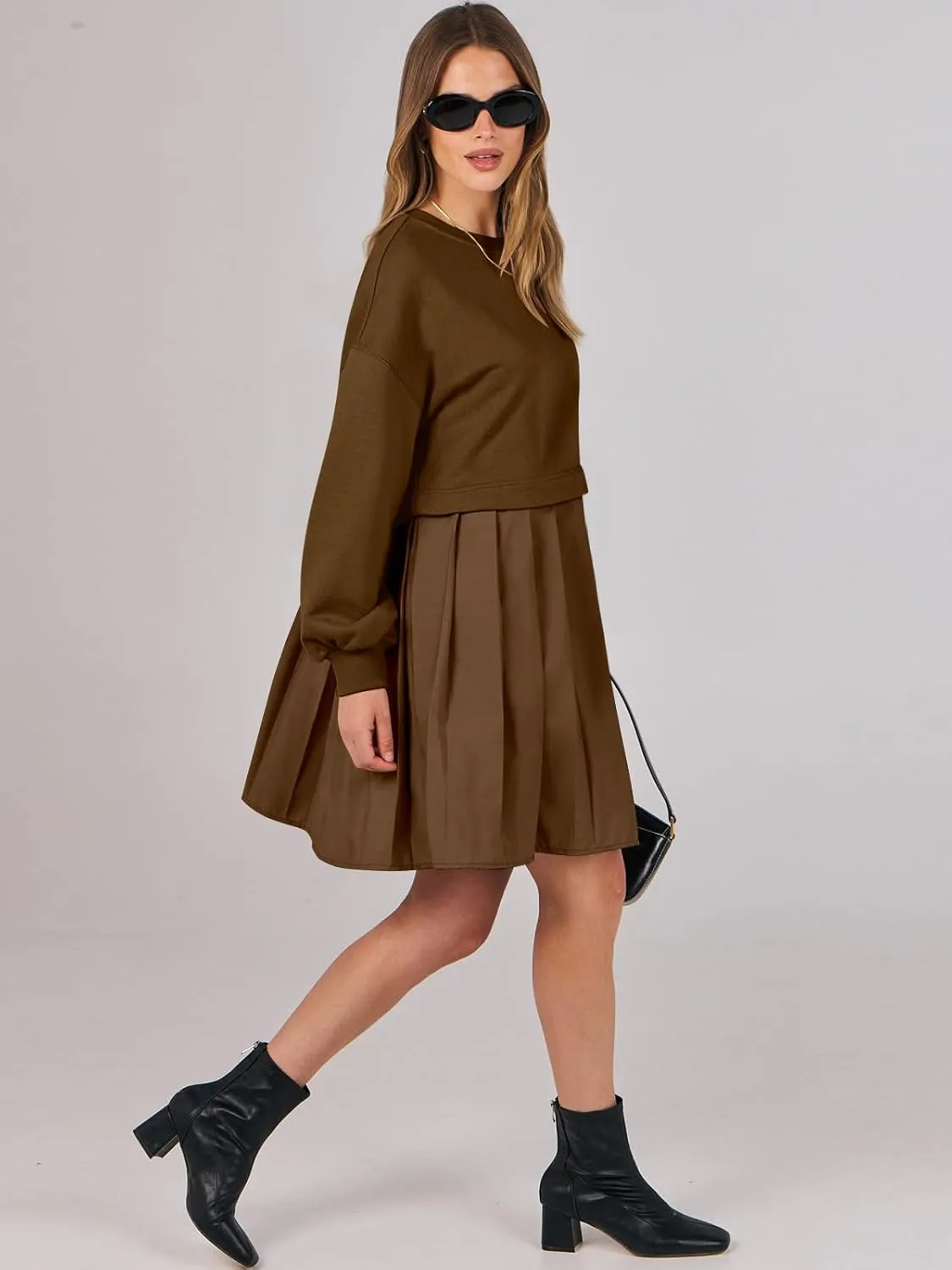 ANRABESS Women Sweatshirts Dress Oversized Long Sleeve Patchwork Casual Loose Pleated Pullover Mini Dress Fall Outfits 2025