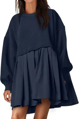 ANRABESS Women Sweatshirts Dress Oversized Long Sleeve Patchwork Casual Loose Pleated Pullover Mini Dress Fall Outfits 2025