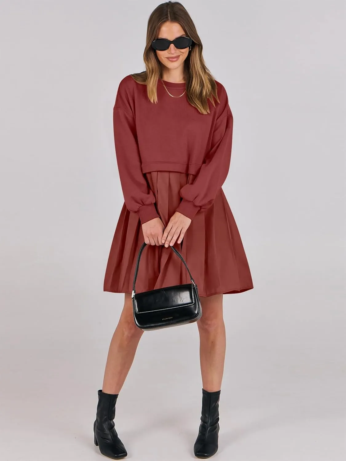 ANRABESS Women Sweatshirts Dress Oversized Long Sleeve Patchwork Casual Loose Pleated Pullover Mini Dress Fall Outfits 2025