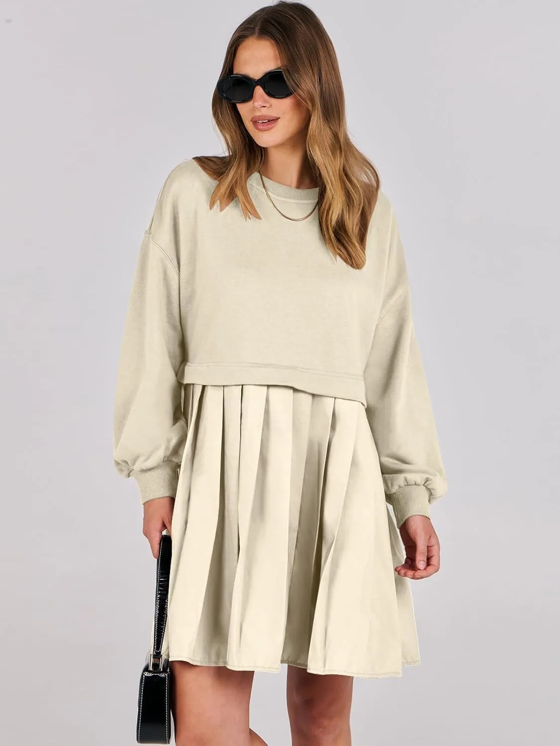 ANRABESS Women Sweatshirts Dress Oversized Long Sleeve Patchwork Casual Loose Pleated Pullover Mini Dress Fall Outfits 2025