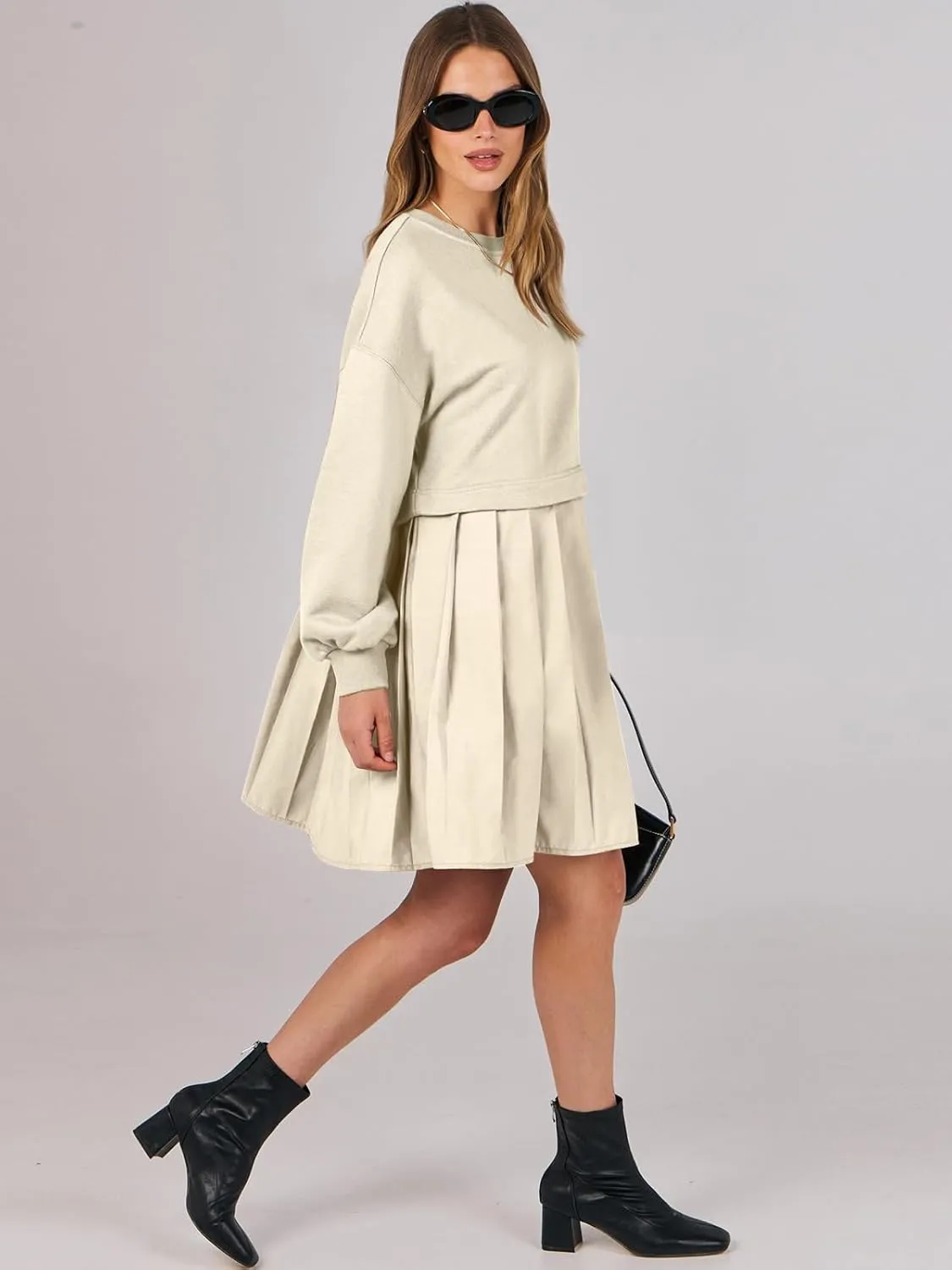 ANRABESS Women Sweatshirts Dress Oversized Long Sleeve Patchwork Casual Loose Pleated Pullover Mini Dress Fall Outfits 2025