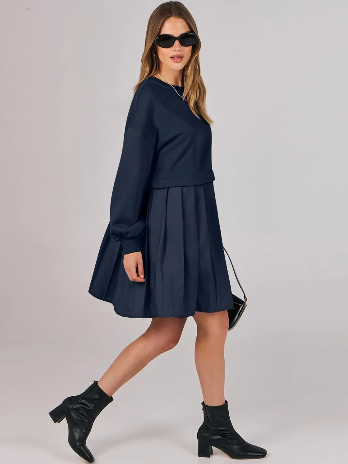 ANRABESS Women Sweatshirts Dress Oversized Long Sleeve Patchwork Casual Loose Pleated Pullover Mini Dress Fall Outfits 2025