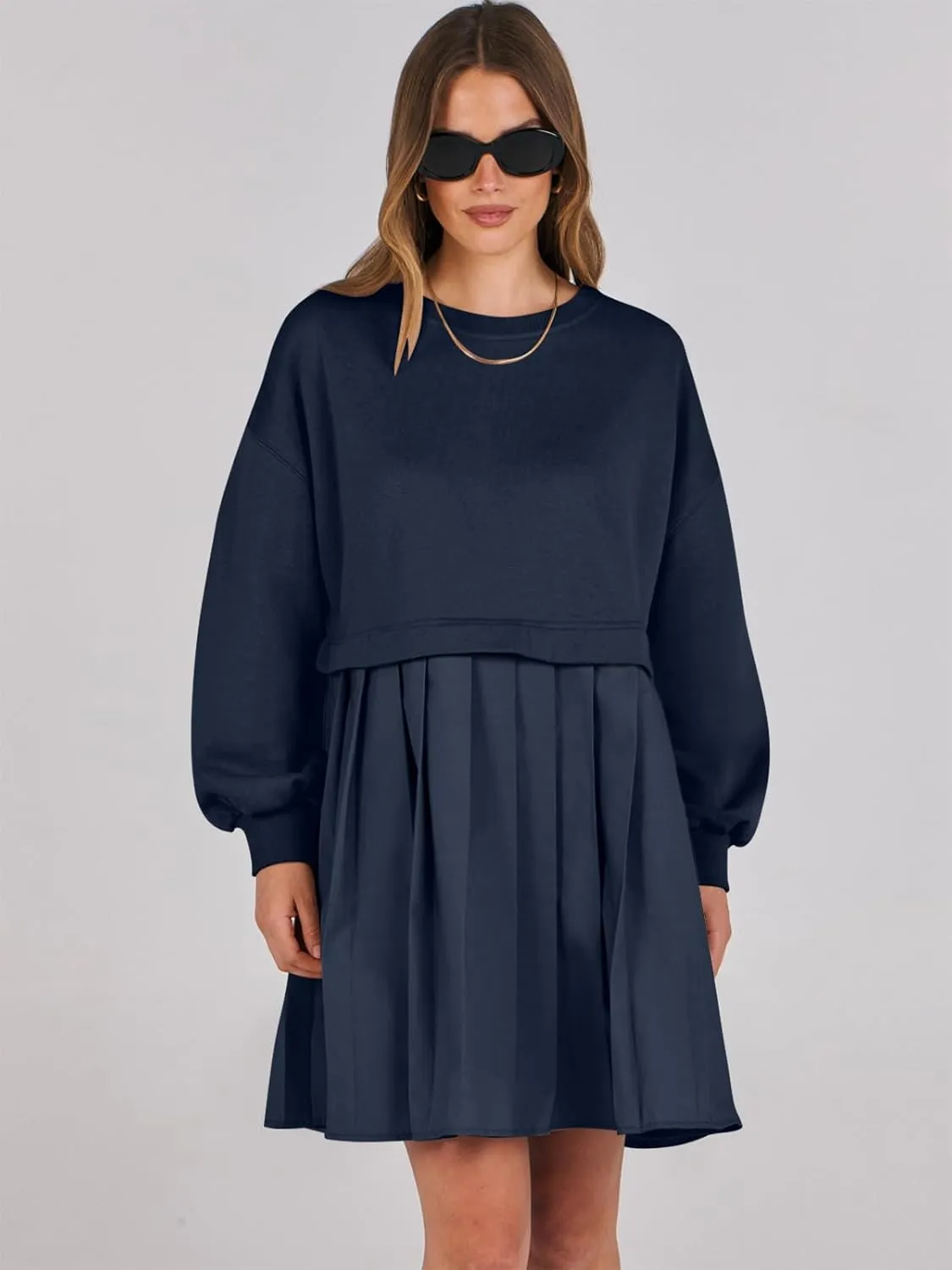 ANRABESS Women Sweatshirts Dress Oversized Long Sleeve Patchwork Casual Loose Pleated Pullover Mini Dress Fall Outfits 2025