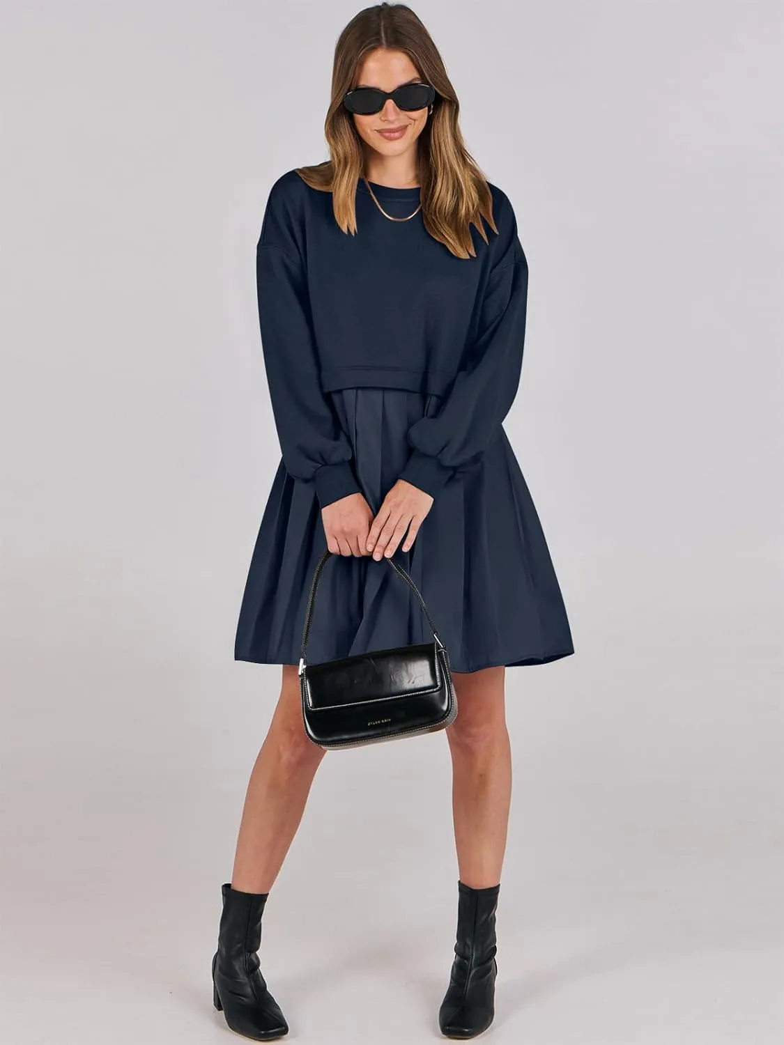 ANRABESS Women Sweatshirts Dress Oversized Long Sleeve Patchwork Casual Loose Pleated Pullover Mini Dress Fall Outfits 2025