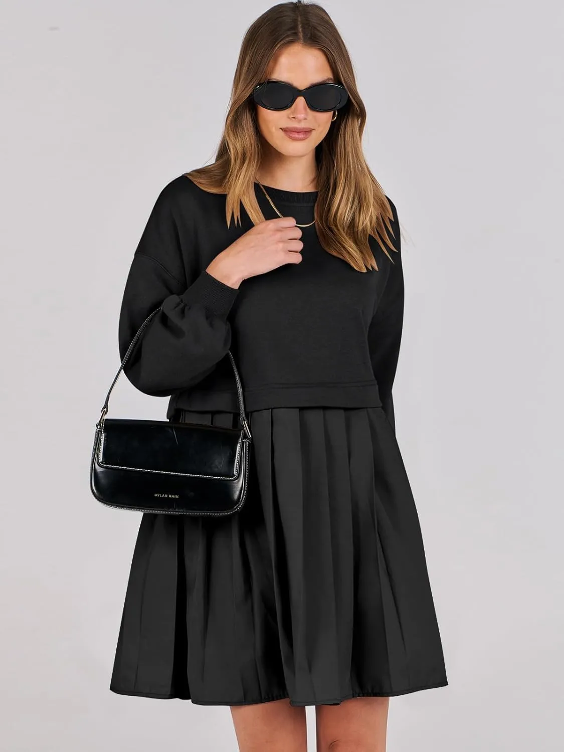 ANRABESS Women Sweatshirts Dress Oversized Long Sleeve Patchwork Casual Loose Pleated Pullover Mini Dress Fall Outfits 2025