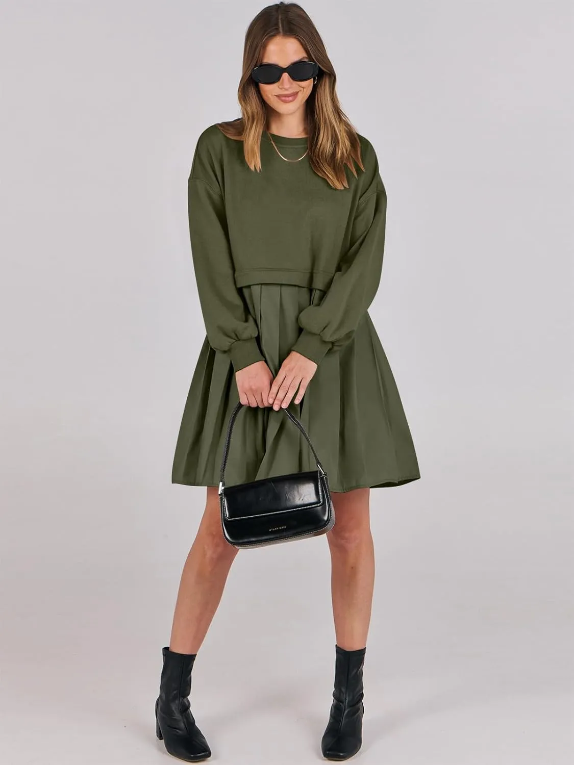 ANRABESS Women Sweatshirts Dress Oversized Long Sleeve Patchwork Casual Loose Pleated Pullover Mini Dress Fall Outfits 2025