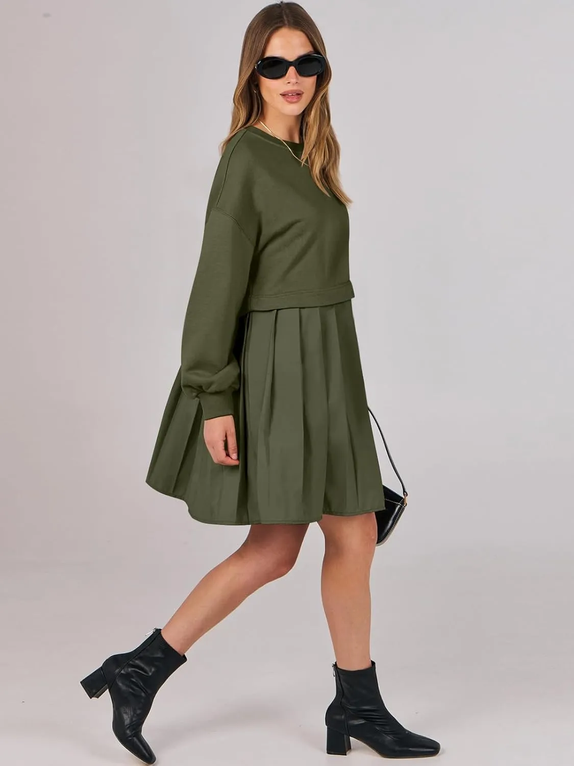 ANRABESS Women Sweatshirts Dress Oversized Long Sleeve Patchwork Casual Loose Pleated Pullover Mini Dress Fall Outfits 2025