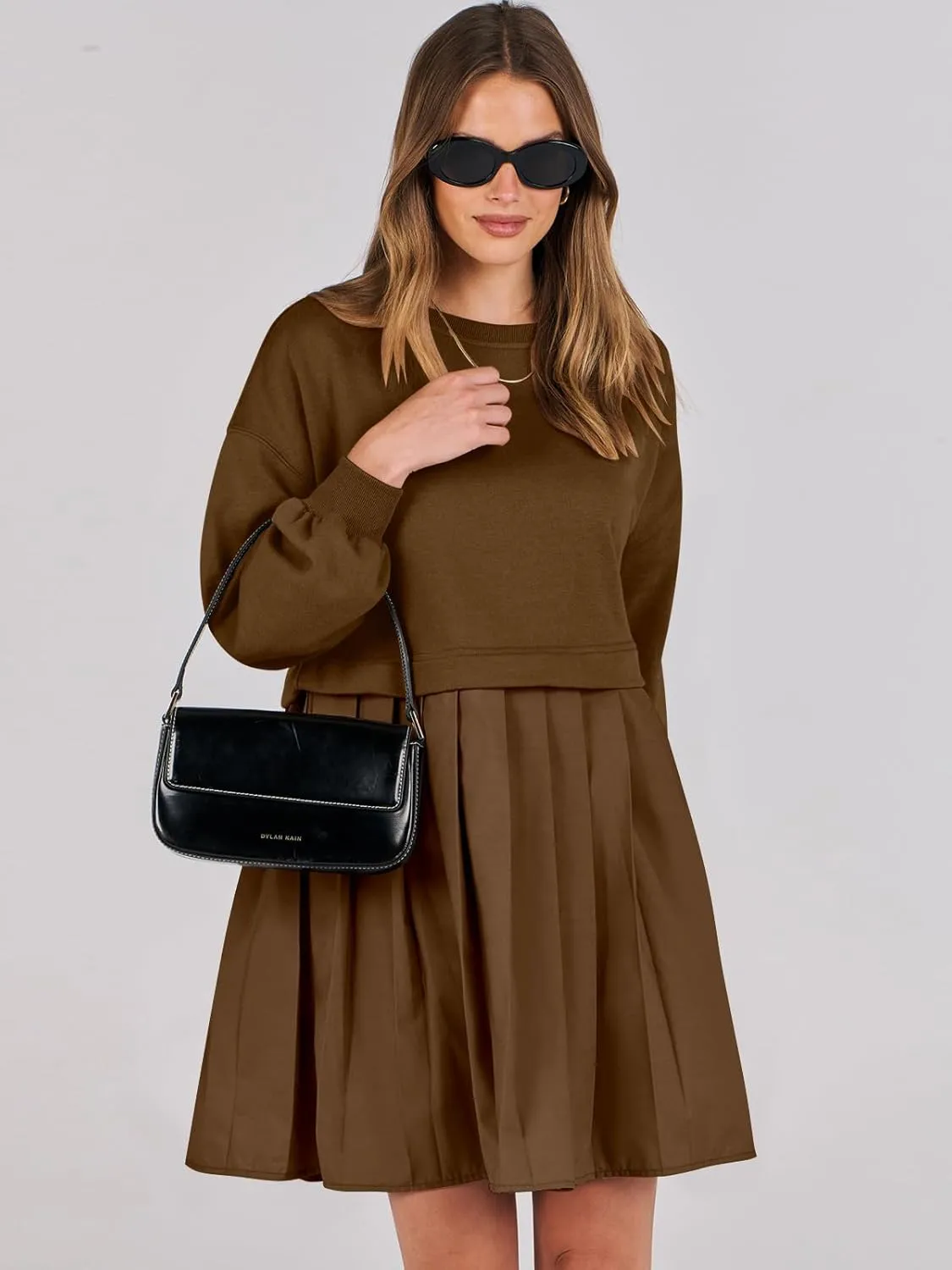 ANRABESS Women Sweatshirts Dress Oversized Long Sleeve Patchwork Casual Loose Pleated Pullover Mini Dress Fall Outfits 2025
