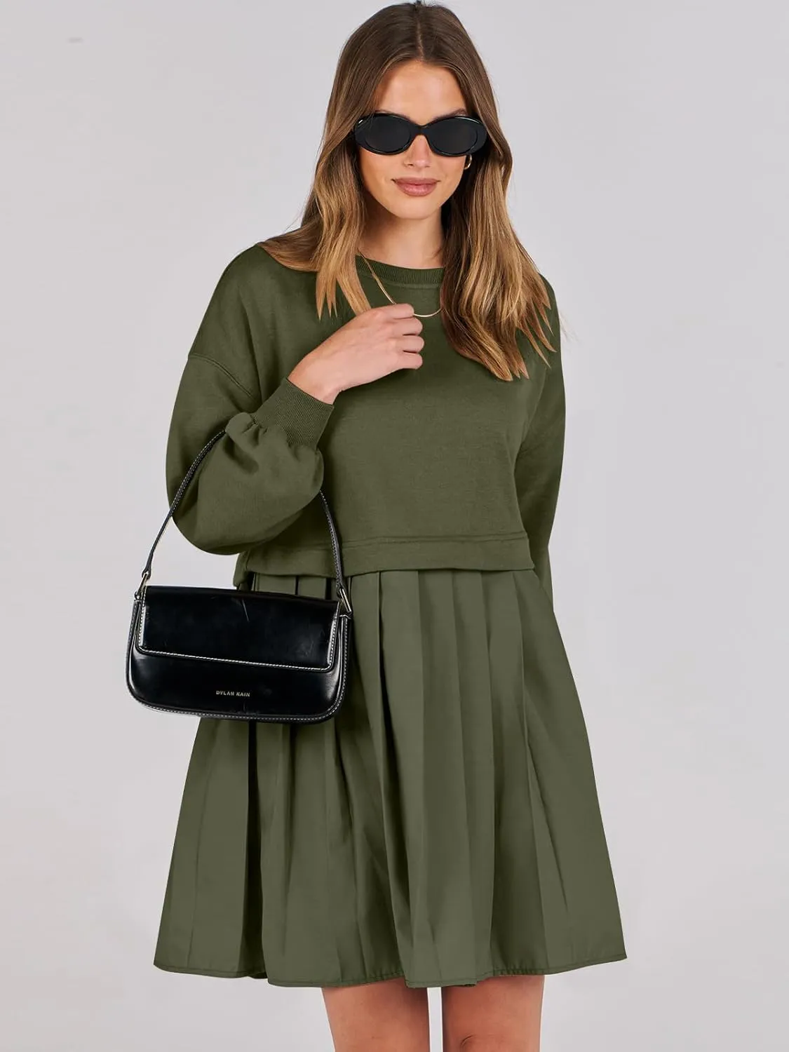ANRABESS Women Sweatshirts Dress Oversized Long Sleeve Patchwork Casual Loose Pleated Pullover Mini Dress Fall Outfits 2025