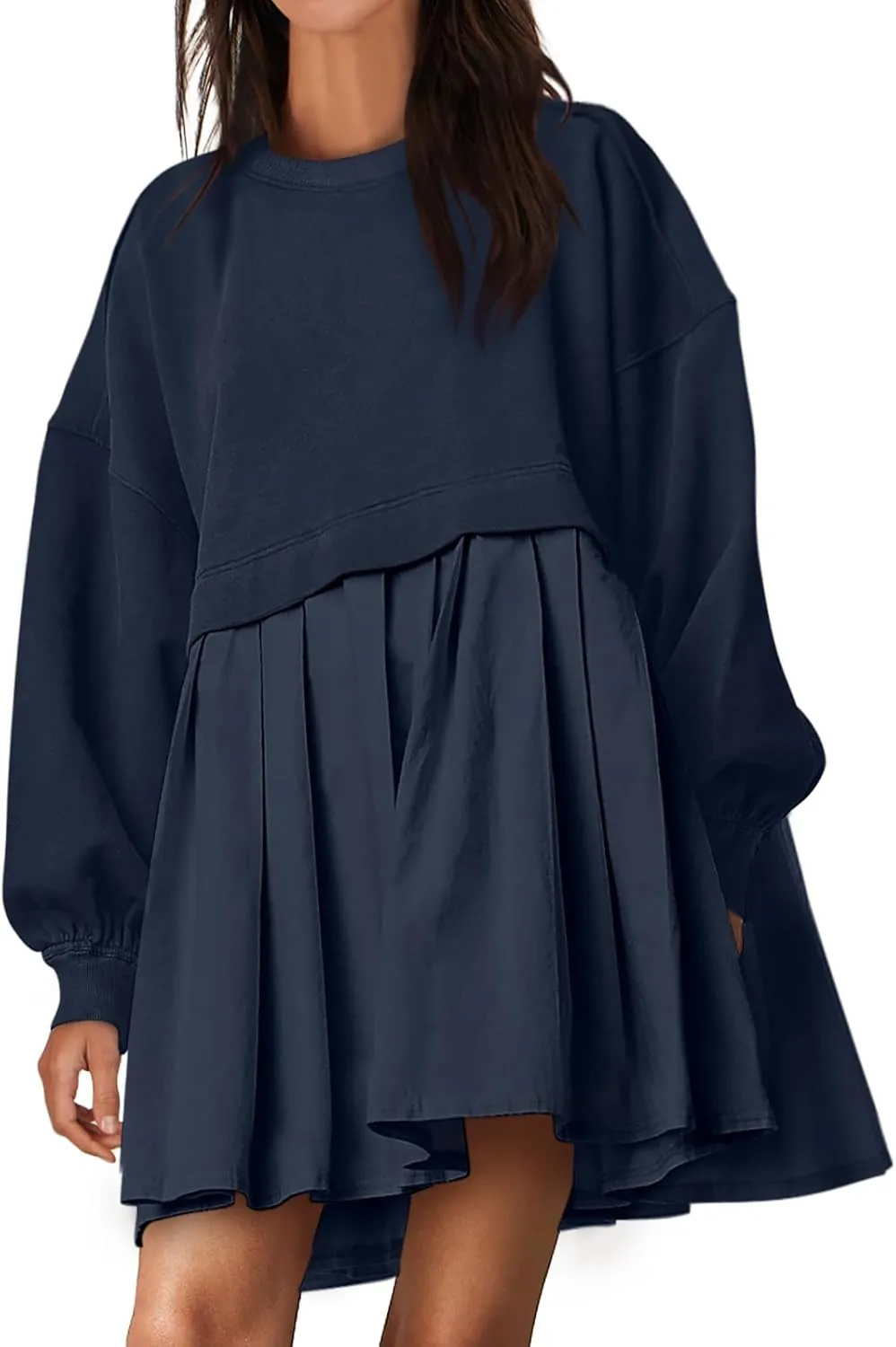ANRABESS Women Sweatshirts Dress Oversized Long Sleeve Patchwork Casual Loose Pleated Pullover Mini Dress Fall Outfits 2025