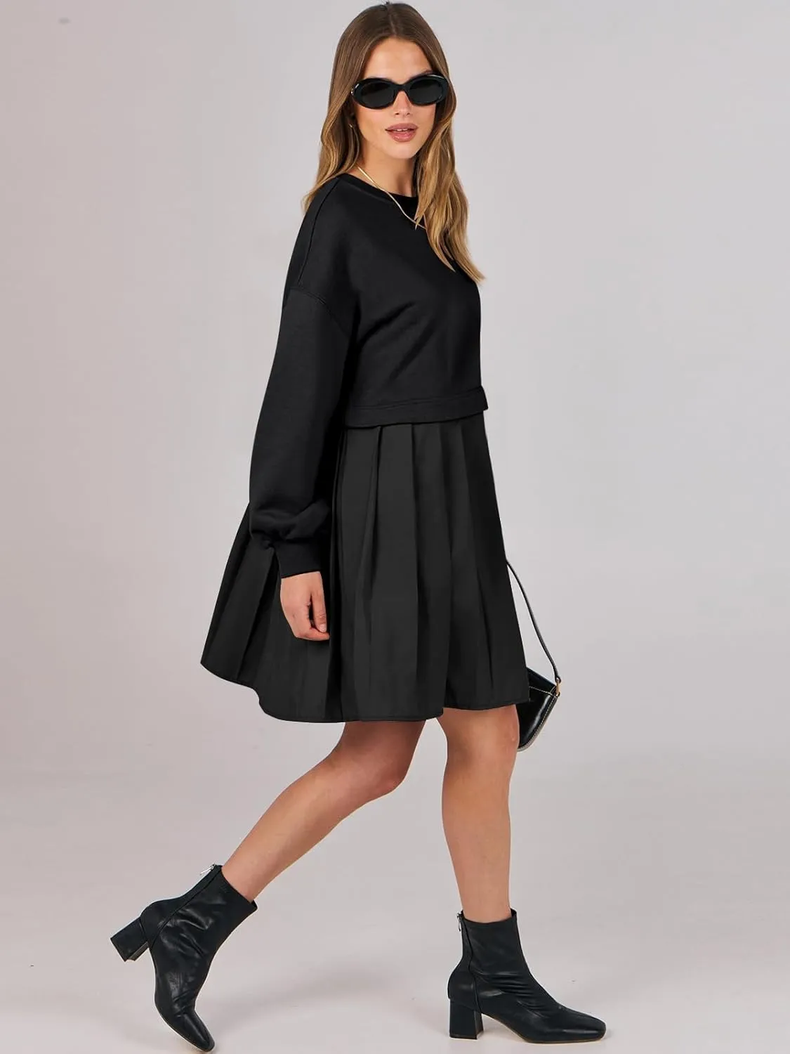 ANRABESS Women Sweatshirts Dress Oversized Long Sleeve Patchwork Casual Loose Pleated Pullover Mini Dress Fall Outfits 2025