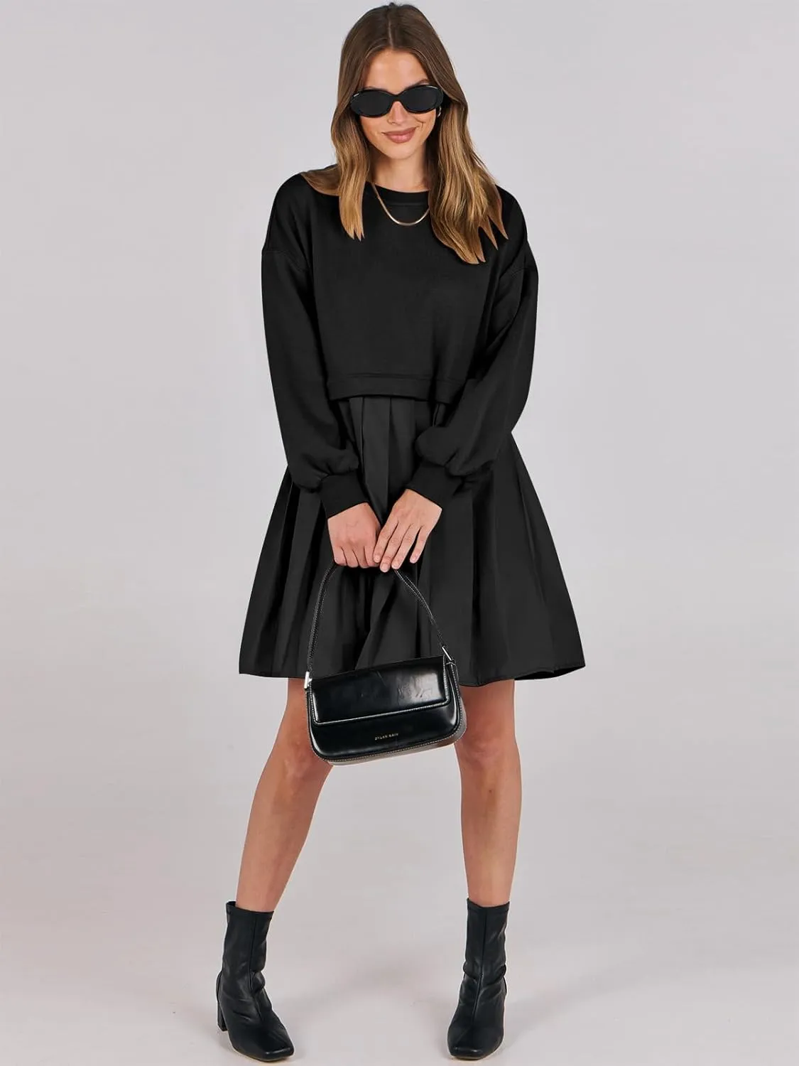 ANRABESS Women Sweatshirts Dress Oversized Long Sleeve Patchwork Casual Loose Pleated Pullover Mini Dress Fall Outfits 2025