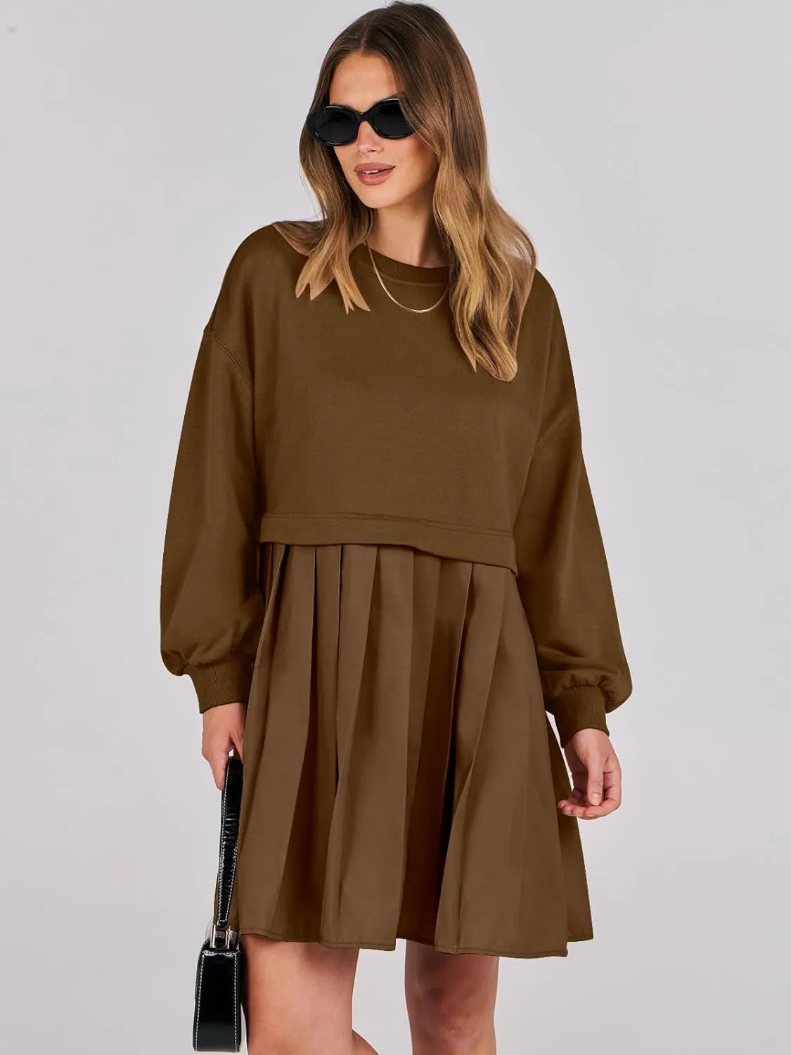ANRABESS Women Sweatshirts Dress Oversized Long Sleeve Patchwork Casual Loose Pleated Pullover Mini Dress Fall Outfits 2025