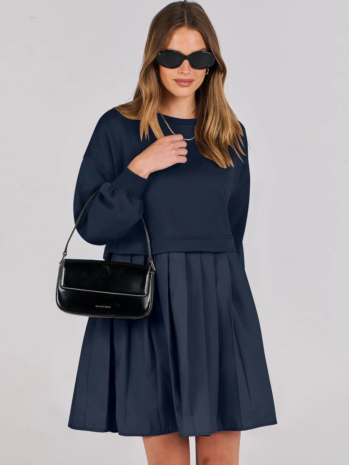 ANRABESS Women Sweatshirts Dress Oversized Long Sleeve Patchwork Casual Loose Pleated Pullover Mini Dress Fall Outfits 2025