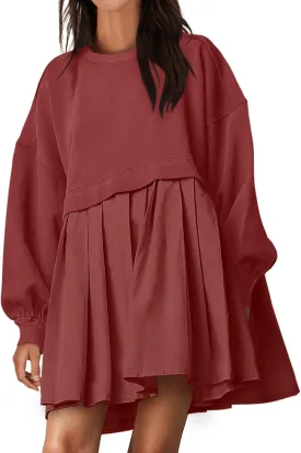 ANRABESS Women Sweatshirts Dress Oversized Long Sleeve Patchwork Casual Loose Pleated Pullover Mini Dress Fall Outfits 2025