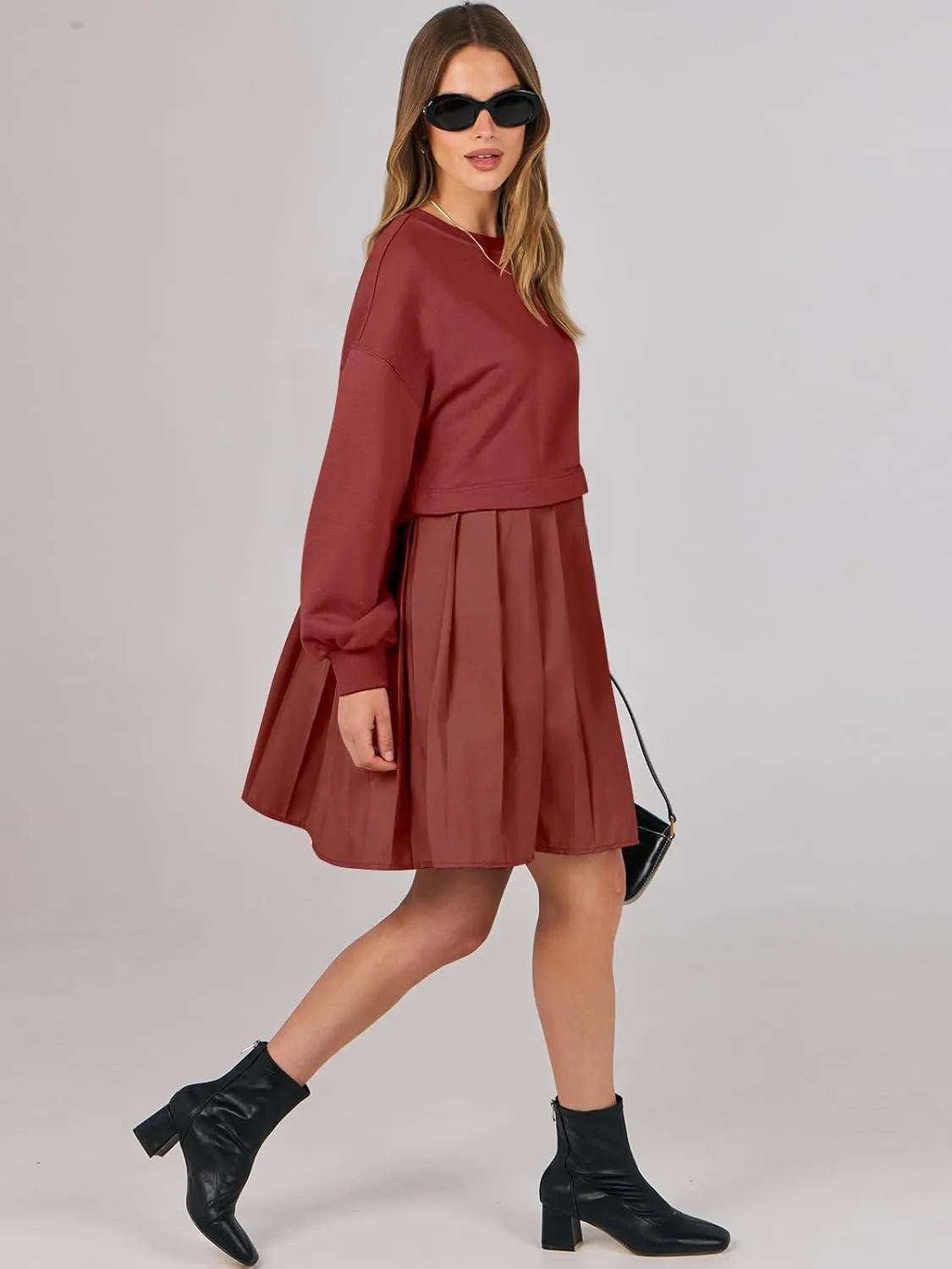 ANRABESS Women Sweatshirts Dress Oversized Long Sleeve Patchwork Casual Loose Pleated Pullover Mini Dress Fall Outfits 2025