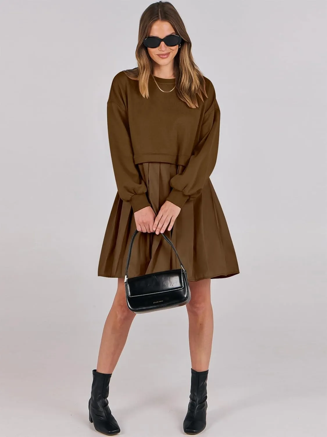 ANRABESS Women Sweatshirts Dress Oversized Long Sleeve Patchwork Casual Loose Pleated Pullover Mini Dress Fall Outfits 2025