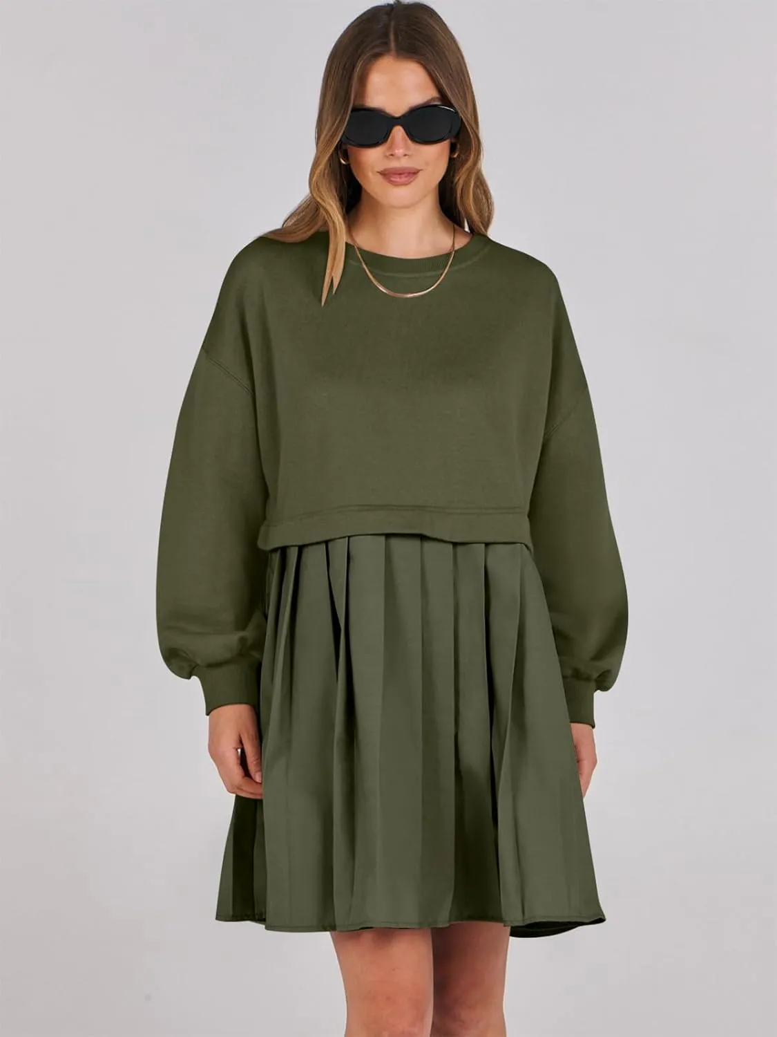 ANRABESS Women Sweatshirts Dress Oversized Long Sleeve Patchwork Casual Loose Pleated Pullover Mini Dress Fall Outfits 2025
