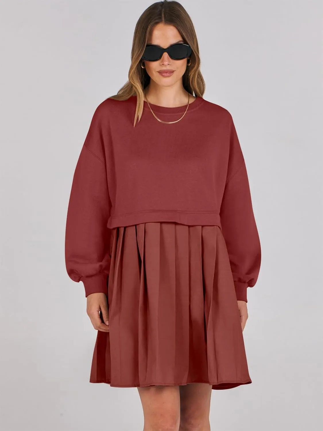 ANRABESS Women Sweatshirts Dress Oversized Long Sleeve Patchwork Casual Loose Pleated Pullover Mini Dress Fall Outfits 2025