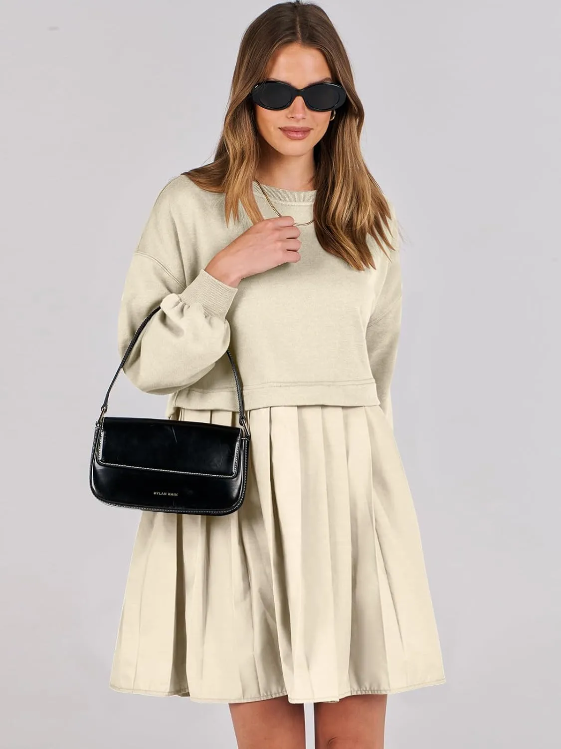 ANRABESS Women Sweatshirts Dress Oversized Long Sleeve Patchwork Casual Loose Pleated Pullover Mini Dress Fall Outfits 2025
