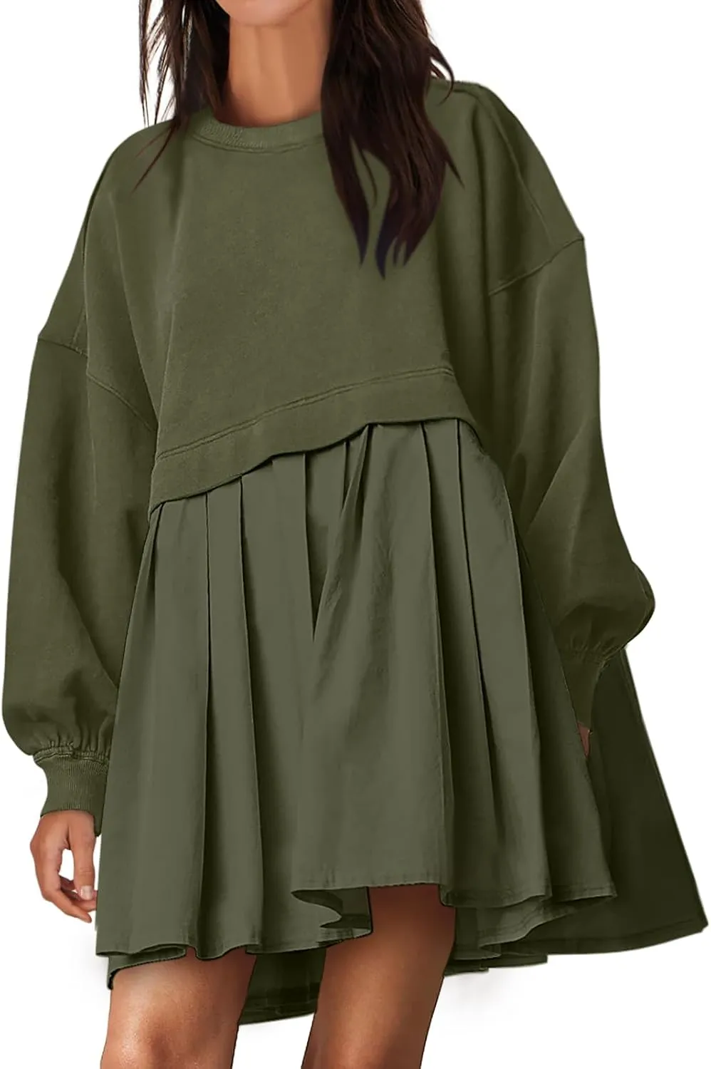 ANRABESS Women Sweatshirts Dress Oversized Long Sleeve Patchwork Casual Loose Pleated Pullover Mini Dress Fall Outfits 2025