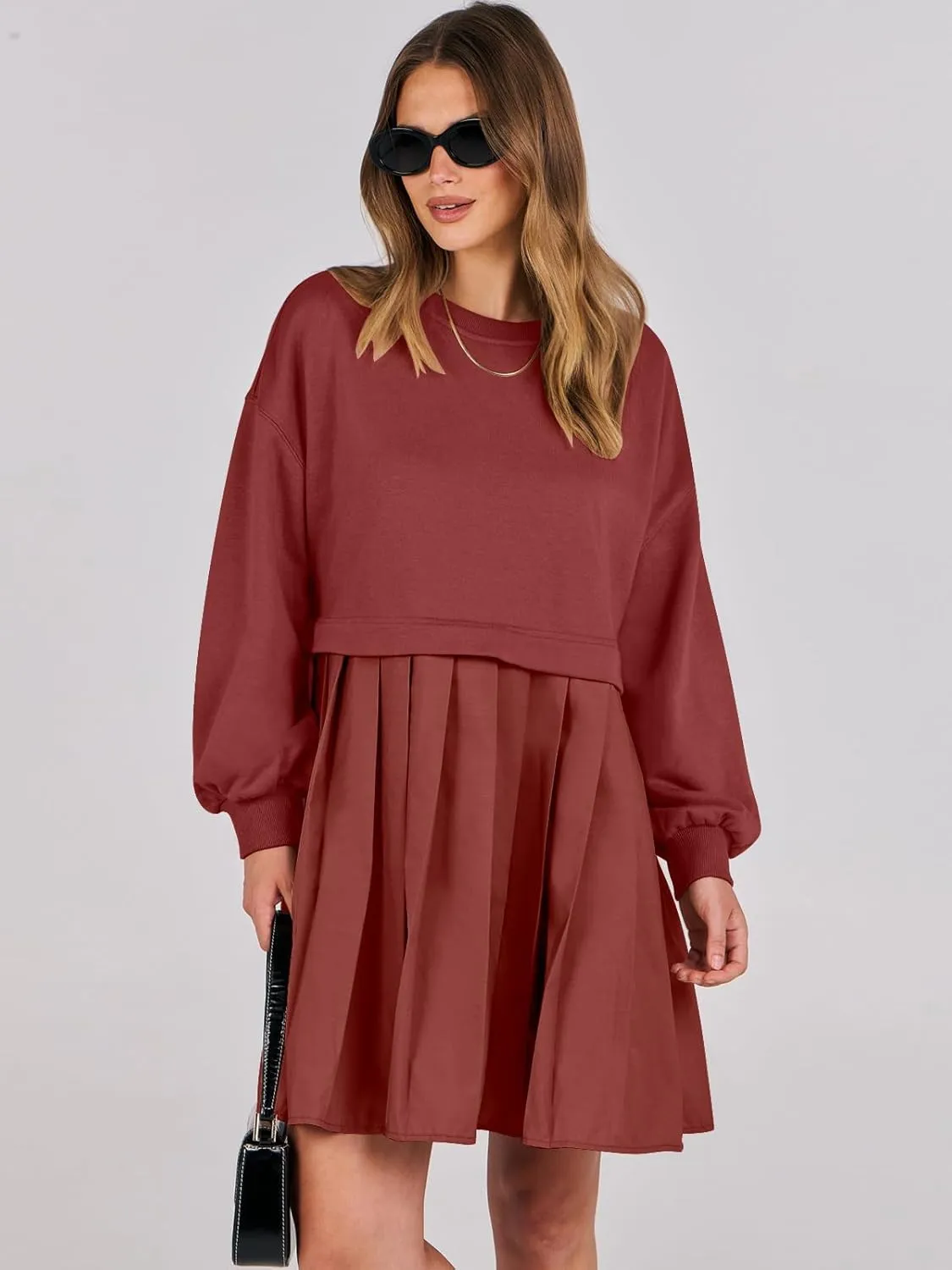 ANRABESS Women Sweatshirts Dress Oversized Long Sleeve Patchwork Casual Loose Pleated Pullover Mini Dress Fall Outfits 2025
