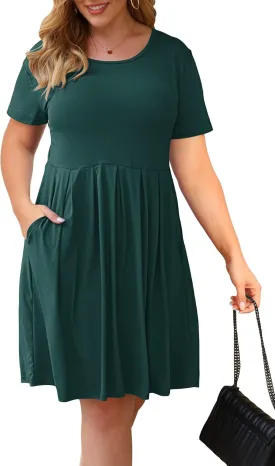 AUSELILY Women's Plus Size Round Neck Pleated Swing Dress with Pockets Knee Length
