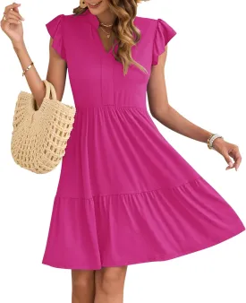 AUSELILY Women's Summer Ruffled Sleeve Dresses V Neck Empire Waist Sleeveless Mini Sundress with Pockets 2025 New