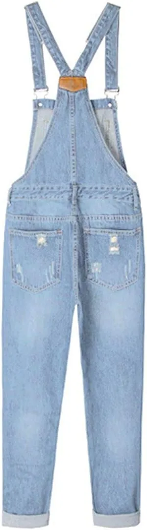 AvaCostume Women's Adjustable Strap Ripped Denim Overalls